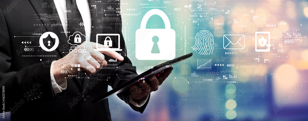 Aufkleber internet network security concept with businessman using his tablet computer