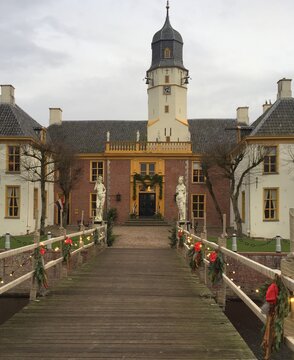 Slochteren. December-29-2019. Fraeylemaborg from the 13th century in a christmas atmosphere in Slochteren. The Netherlands