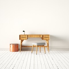 Scandinavian Wooden Work Desk with Small Chair, Plant and Empty Walls Mockup