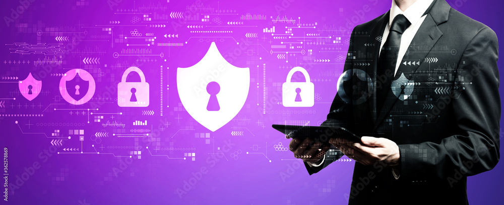 Poster cyber security theme with businessman using his tablet computer