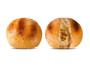 Roasted garlic bread and cheese on white background. Brazilian barbecue concept. Garlic Cream.