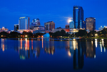Orlando, Florida reflected in the waters of Lake Eola