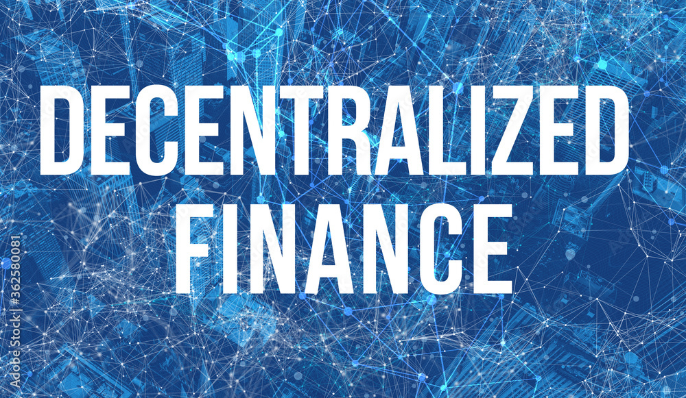 Poster decentralized finance defi theme with abstract network patterns and skyscrapers