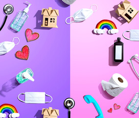 Coronavirus and Covid-19 theme objects - flat lay