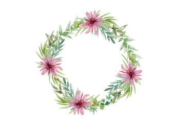 Fototapeta na wymiar Beautiful wreath. Elegant floral collection with isolated pink flowers, hand drawn watercolor. Design for invitation, wedding or greeting cards