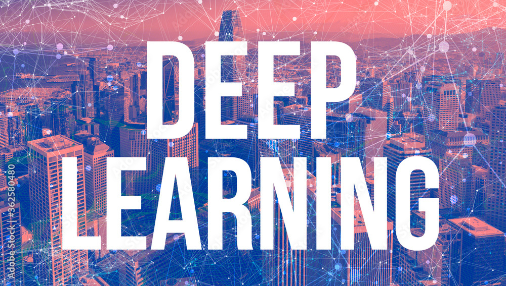 Poster deep learning theme with abstract network patterns and downtown san francisco skyscrapers