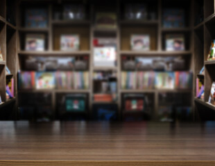 wood table top counter of library or books shop
