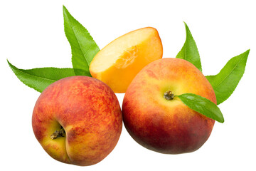 peach fruit with green leaf and slice isolated on white background