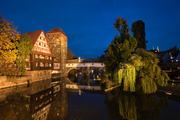 Nuremberg city houses on riverside of Pegnitz river from Maxbrucke (Max bridge). Nuremberg, Franconia, Bavaria, Germany