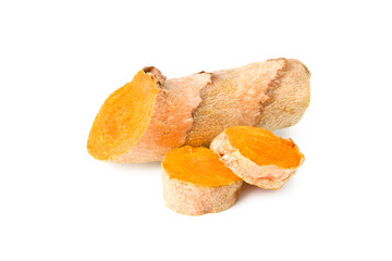 Turmeric root with turmeric slices isolated on white background