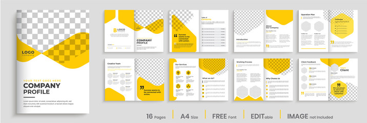 Corporate brochure design with yellow shapes, minimal professional company profile, annual report, multi-pages brochure template layout