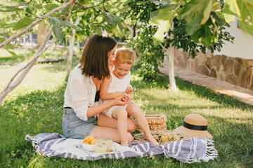 Young mother and her child having cozy summer picnic with fresh lemonade and fruits in a park.