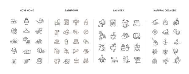 Vector icon and logo collection for move home, natural cosmetics, bathroom landry and dry clinning. Editable outline stroke size. Concept illustration. Sign, symbol