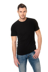 A handsome muscular guy in a black t shirt. Mockup of a template of a black man's t-shirt on a white background. Front view