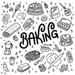 Hand drawn doodle baking, dishes and kitchenware.