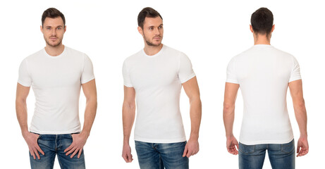 The young man in a white t-shirt on a white background. Template of a white t-shirt. Front view, side view, rear 