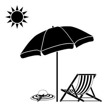 Beach umbrella, deck chair, summer hat. Vector illustration on a white background.
