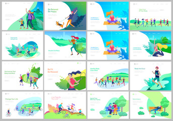 Landing page template with running man, play tennis, children riding bicycles, man doing yoga. People performing sports outdoor activities at park or Nature, healty life style. Cartoon - obrazy, fototapety, plakaty