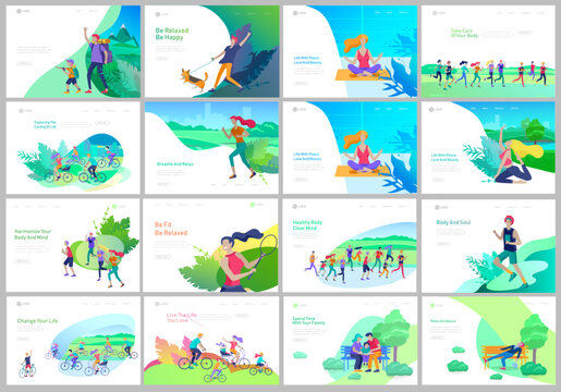 Landing page template with running man, play tennis, children riding bicycles, man doing yoga. People performing sports outdoor activities at park or Nature, healty life style. Cartoon