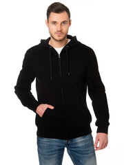 Man in black hooded sweatshirt on white background. Front view