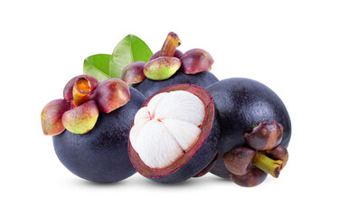 mangosteens (garcinia mangostana) or manggis with leaf on white background.