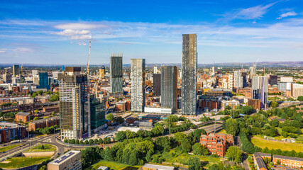 Aerial shot of Manchester UK on a beautiful summer day during pandemic lock-down  - obrazy, fototapety, plakaty
