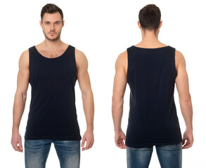 A man in a black t-shirt on a white background. Black t-shirt pattern front view, back view