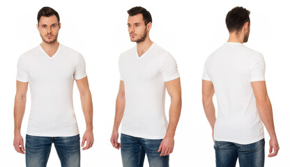 The young man in a white t-shirt on a white background. Template of a white t-shirt. Front view, side view, rear 