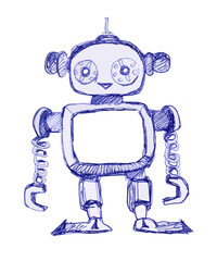 Robot, vintage toys and character. Ink drawing.	
