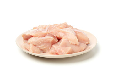 Plate with raw chicken meat isolated on white background