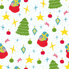 New Year seamless pattern with Christmas tree, stars and gifts.