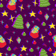 New Year seamless pattern with Christmas tree, stars and gifts.