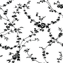 Tiny flowers seamless pattern, vector, black and white