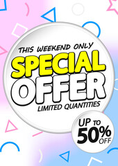 Fototapeta na wymiar Special Offer, up to 50% off, sale poster design template, vector illustration