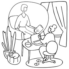 Girl sitting in chair in front of computer and talking to psychologist online. Remote psychological help, psychiatrist consulting patient. Mental health care and treatment. Vector illustration