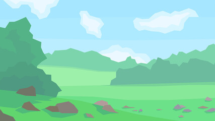 vector illustration, abstract landscape, forest, stones, cloudy, day, trees