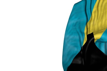 cute Bahamas flag with large folds lay in left side isolated on white - any holiday flag 3d illustration..