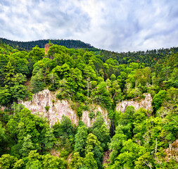 Fototapeta na wymiar View of Nideck Castle above the Nideck Waterfall in the Vosges Mountains - Alsace, France