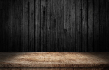 Wooden table on black wall in dark room background 3d illustration