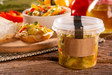 Cooking of zucchini salad with vegetables , tomatoes, pepper, olive and vegetable oil