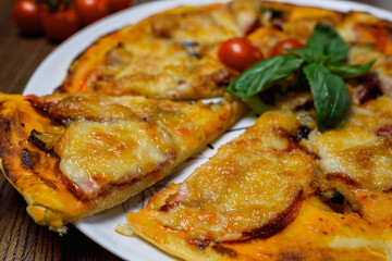 
pizza with meat and tomatoes under cheese