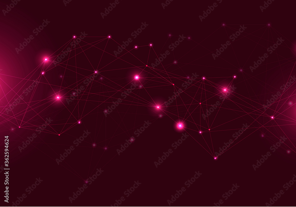 Poster abstract luminous molecules of violet color with dots or lines on a bright background