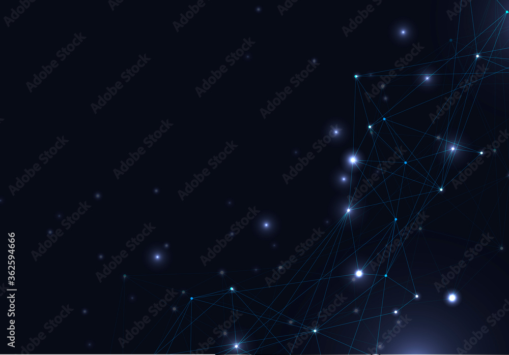 Poster abstract vector glowing bright molecules with dots and lines on blue background