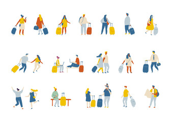 Tiny vector people with baggage in airport. People crowd, background people