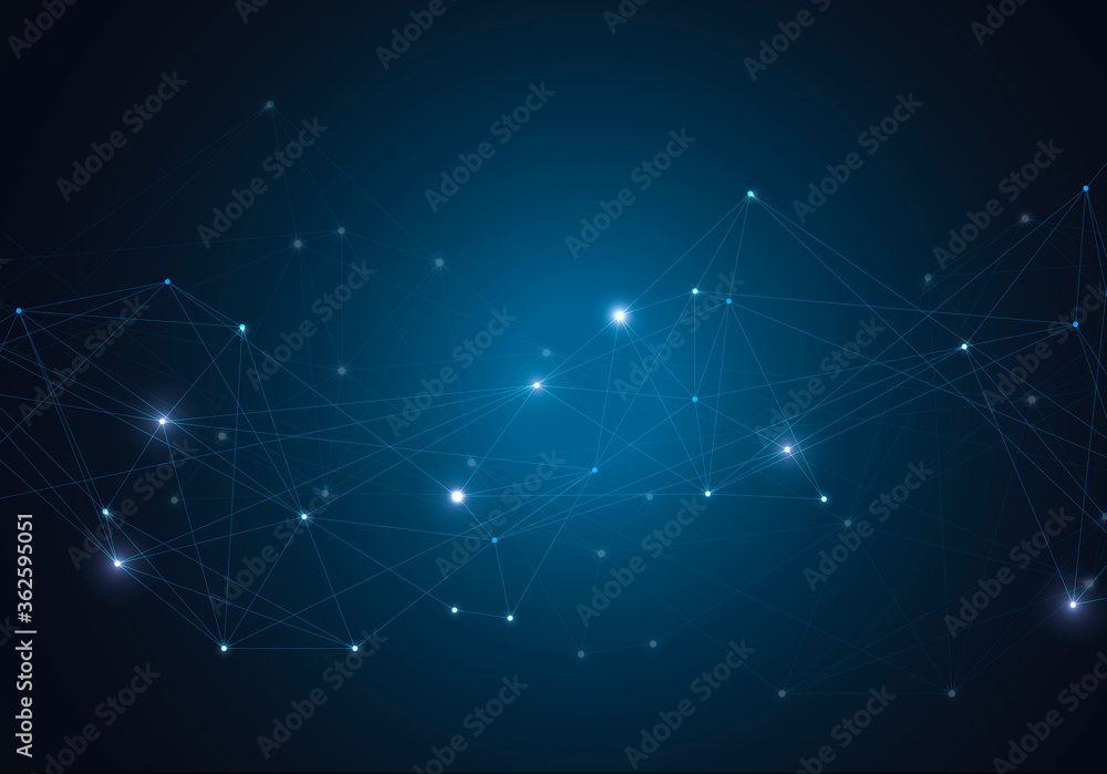Poster abstract vector glowing bright molecules with dots and lines on blue background