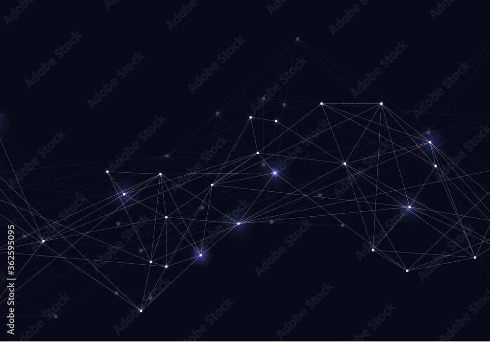 Poster abstract vector glowing bright molecules with dots and lines on blue background