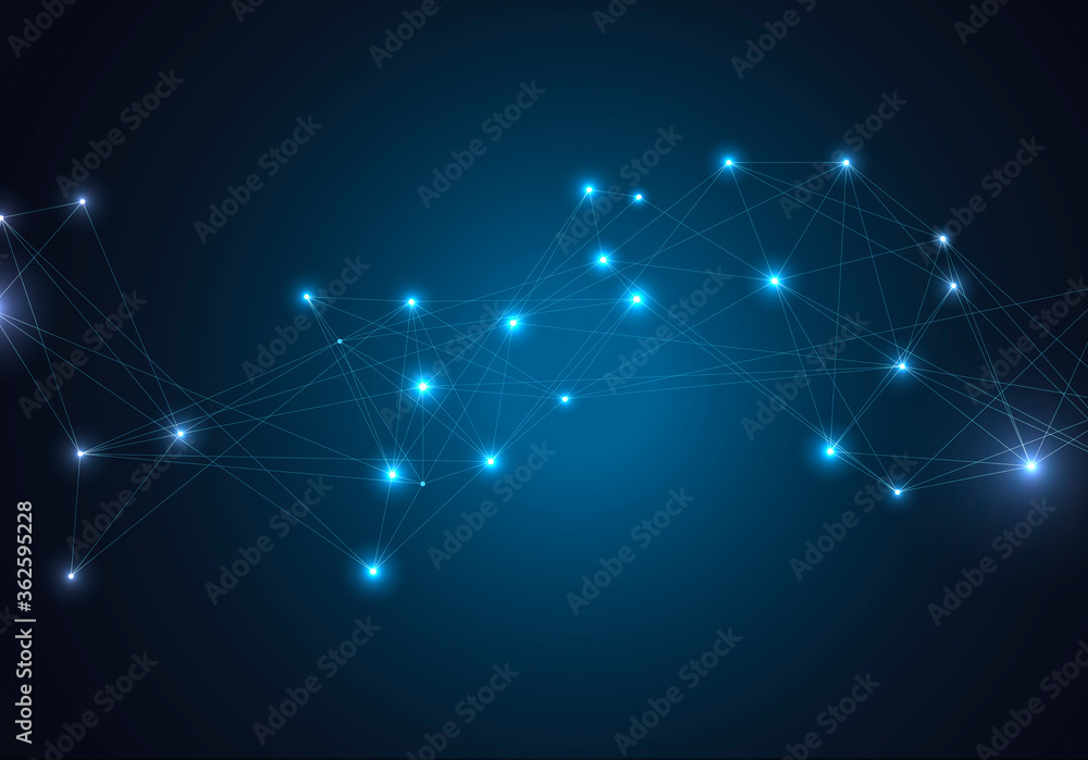 Poster abstract vector glowing bright molecules with dots and lines on blue background