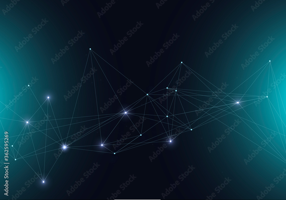 Poster vector abstract glowing bright molecules with dots and lines on a green background