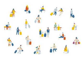 Fototapeta premium Tiny vector people with baggage in airport. People crowd, background people