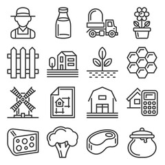 Farm and Farmer Icons Set on White Background. Line Style Vector